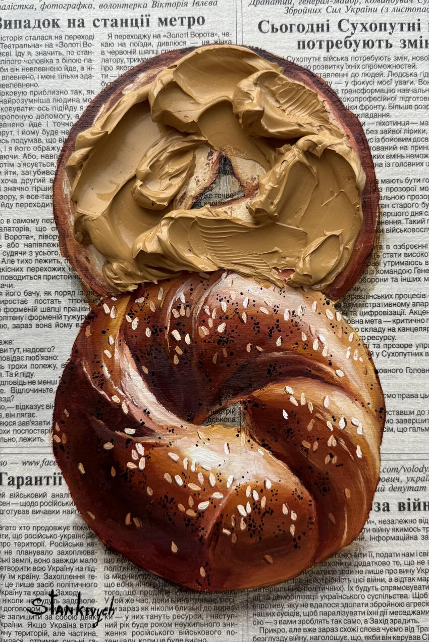 absurdres acrylic_paint_(medium) bagel food food_focus highres impasto julia_stankevych newspaper no_humans oil_painting_(medium) original painting_(medium) peanut_butter photo_(medium) realistic sesame_seeds signature still_life traditional_media wall_of_text