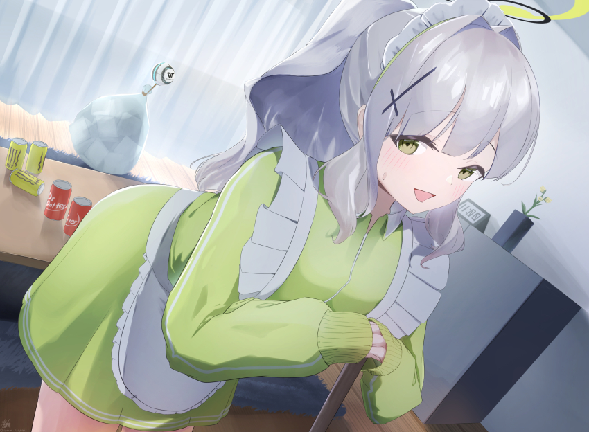 1girl :d absurdres alternate_costume apron black_halo blue_archive blush broom can clock commentary_request cowboy_shot cross_hair_ornament curtains day drink_can enmaided flower frilled_apron frills ganba_artworks green_eyes green_halo green_jacket grey_hair hair_intakes hair_ornament halo hare_(blue_archive) heart heart_in_eye highres indoors jacket jersey_maid leaning_forward long_hair long_sleeves looking_at_viewer maid maid_apron maid_headdress open_mouth ponytail sidelocks sleeves_past_wrists smile solo sweat symbol_in_eye table track_jacket unconventional_maid white_apron