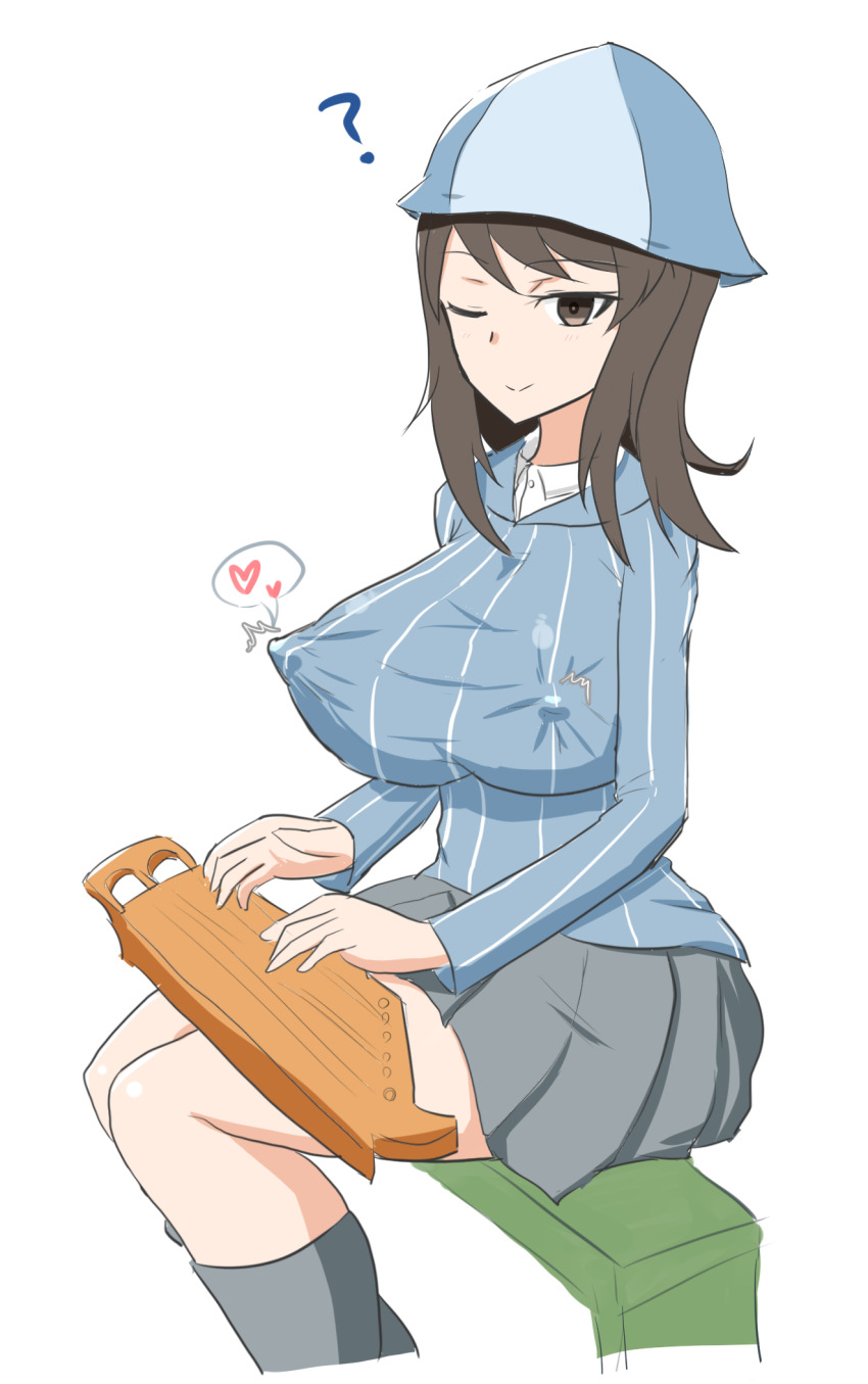 1girl breasts brown_eyes brown_hair covered_erect_nipples cube_(huidama) girls_und_panzer highres huge_breasts instrument kantele keizoku_school_uniform large_breasts long_hair looking_at_viewer mika_(girls_und_panzer) music playing_instrument solo tulip_hat