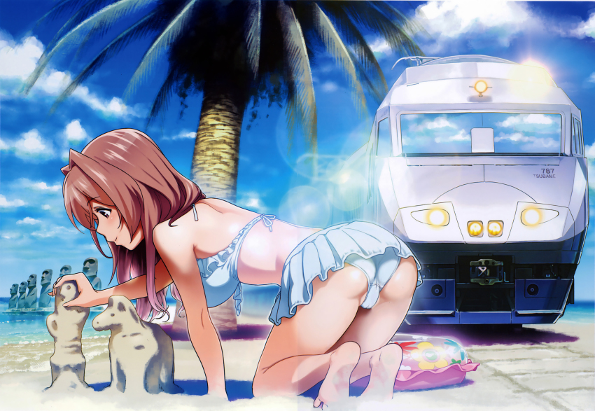 10s 1girl absurdres all_fours ass bare_legs bare_shoulders barefoot beach bikini bikini_skirt blue_bikini breasts brown_eyes brown_hair feet female_focus hair_intakes hakatanmon high-speed_train highres innertube koumi_haruka large_breasts lens_flare long_hair moai multiple_unit_train palm_tree rail_wars! scan smile solo swim_ring swimsuit train tree