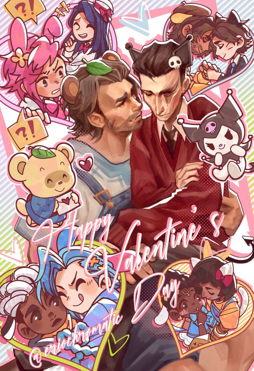!? 6+boys 6+girls arcane:_league_of_legends arcane_caitlyn arcane_jayce arcane_jinx arcane_vi artist_name beard black_hair black_necktie brown_hair caitlyn_(league_of_legends) carrying carrying_person chibi chococat commentary derivative_work ekko_(league_of_legends) english_commentary english_text eriochromatic facial_hair firelight_ekko happy_valentine heart hello_kitty heterochromia highres jayce_(league_of_legends) jinx_(league_of_legends) kuromi leaf leaf_on_head league_of_legends looking_at_another mel_medarda multiple_boys multiple_girls my_melody necktie overalls pochacco pokopon_nikki pompompurin red_sweater sanrio scar scar_across_eye scar_on_face sevika_(arcane) shirt silco_(arcane) speech_bubble sweater swept_bangs tuxedo_sam twitter_username usahana vander_(arcane) vi_(league_of_legends) viktor_(arcane) viktor_(league_of_legends) white_shirt