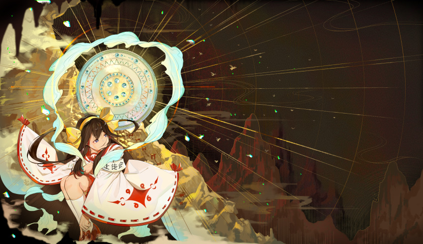 absurdres amaterasu_(housamo) black_hair bow facing_away gold haze highres kiekoio long_hair long_sleeves mountain school_uniform sparkle sunlight tokyo_houkago_summoners veil yellow_bow