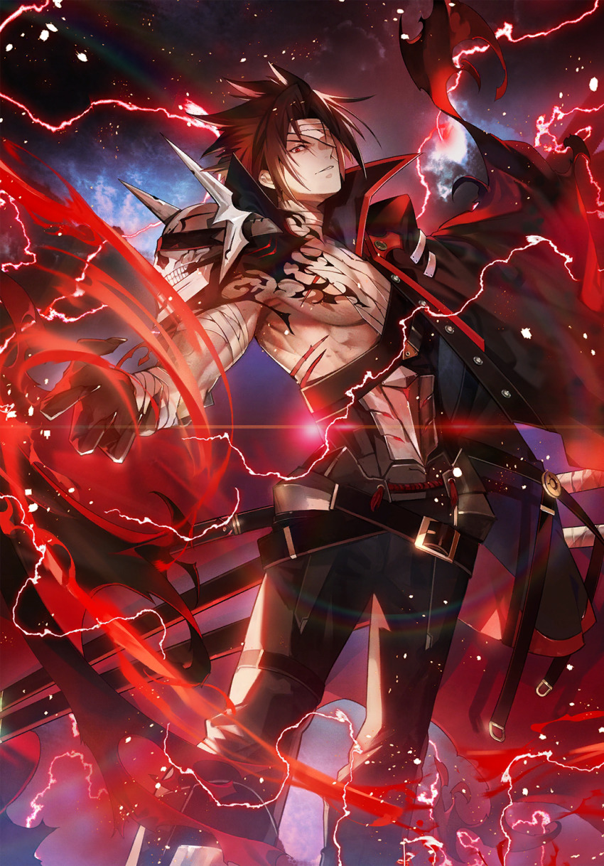 1boy amputee another_dark_kagura arm_out_of_sleeve aura bandage_over_one_eye bandaged_arm bandaged_chest bandaged_neck bandages belt belt_buckle black_cape black_cloak black_gloves black_hair black_jacket black_pants blazblue blazblue_alternative:_dark_war buckle cape cloak eyebrows forked_eyebrows gloves highres holding holding_sword holding_weapon jacket kagura_mutsuki katana kyouka_hatori lightning long_sleeves looking_at_viewer official_art pants powering_up sheath sheathed skull smile solo sword torn_cape torn_cloak torn_clothes weapon