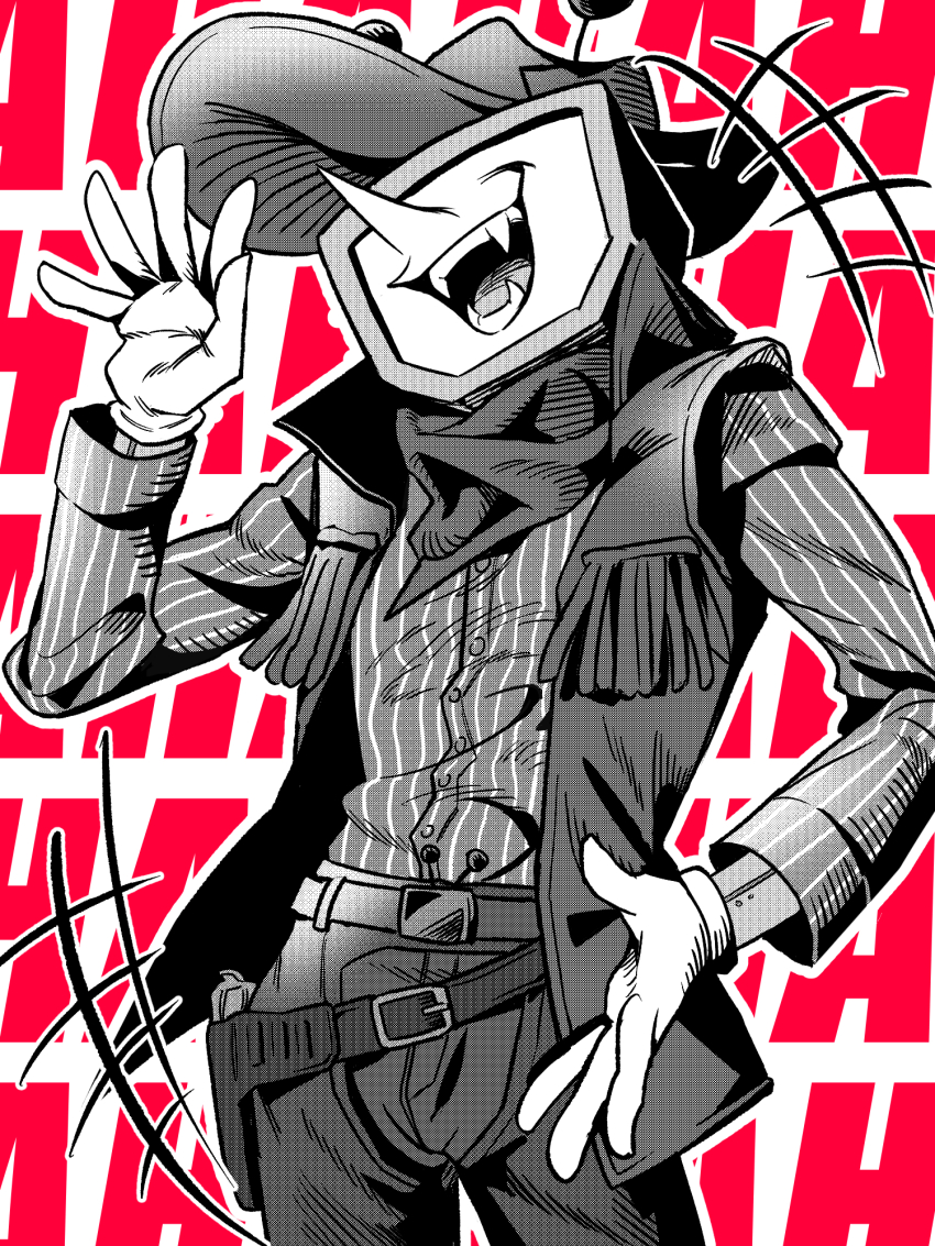 1boy ant_tenna ant_tenna_(shootout) belt belt_buckle buckle chaps cowboy_hat cowboy_shot crt deltarune fangs gloves greyscale_with_colored_background hat highres humanoid_robot iagura_gura male_focus mechanical_arms object_head official_alternate_costume open_mouth pinstripe_pattern pinstripe_shirt pointy_nose robot scarf shirt shirt_tucked_in smile solo vest