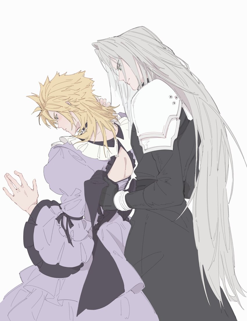 2boys adjusting_another&#039;s_clothes armor bangle black_coat black_gloves blush bracelet cloud_strife_(ball_gown) coat crossdressing dress final_fantasy final_fantasy_vii final_fantasy_vii_remake furrowed_brow gloves hair_between_eyes hand_in_own_hair highres jewelry juliet_sleeves long_bangs long_coat long_dress long_hair long_sleeves male_focus medium_hair mgt_85363 multiple_boys official_alternate_costume parted_bangs puffy_sleeves purple_dress shoulder_armor spiked_hair upper_body wide_sleeves yaoi