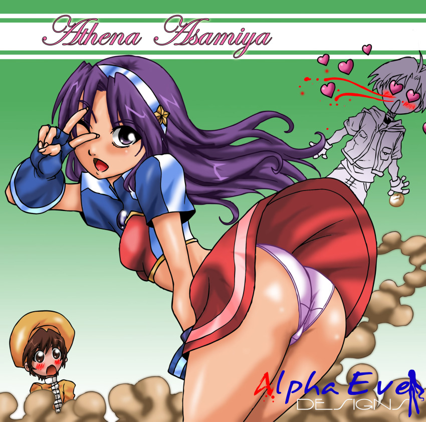 1girl 2boys artist_name asamiya_athena ass bao_(kof) bent_over blood breasts clothes_lift fingerless_gloves from_behind gloves heart heart-shaped_eyes highres huge_ass legs long_hair looking_at_viewer medium_breasts midriff multiple_boys nosebleed one_eye_closed open_mouth panties pantyshot purple_eyes purple_hair sideboob sie_kensou skirt skirt_lift smile snk surprised the_king_of_fighters the_king_of_fighters_2002 thick_thighs thighs tongue underwear v white_panties wink