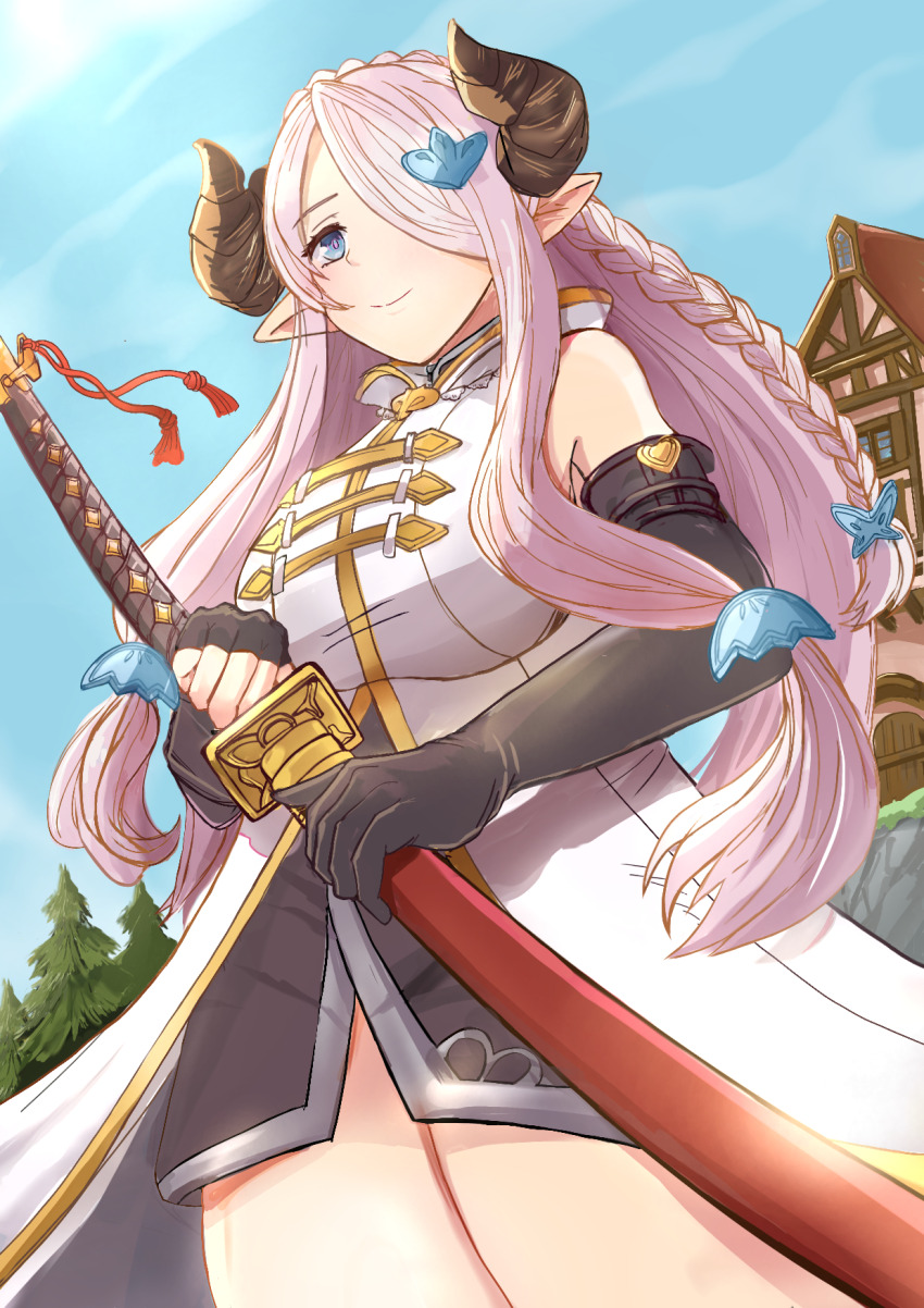 1girl asymmetrical_gloves black_gloves blue_eyes braid breasts draph gloves granblue_fantasy hair_ornament hair_over_one_eye highres holding holding_sheath holding_sword holding_weapon horns long_hair narmaya_(granblue_fantasy) pink_hair pointy_ears sheath smile solo sword uneven_gloves user_dmat5855 weapon