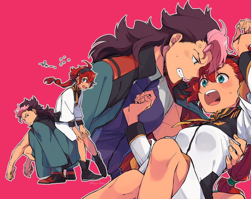 1boy 1girl ahoge anger_vein aqua_eyes asticassia_school_uniform black_footwear black_hairband blush boots breasts brown_hair carrying clenched_teeth full_body green_jacket guel_jeturk gundam gundam_suisei_no_majo hairband jacket jacket_on_shoulders long_hair medium_breasts mullet multi-tied_hair multicolored_hair multiple_views open_mouth pink_background pink_hair princess_carry red_hair school_uniform short_hair_with_long_locks shorts sitting sitting_on_person squatting suletta_mercury sweatdrop teeth two-tone_hair upper_body upper_teeth_only wakaya_hana white_jacket white_shorts
