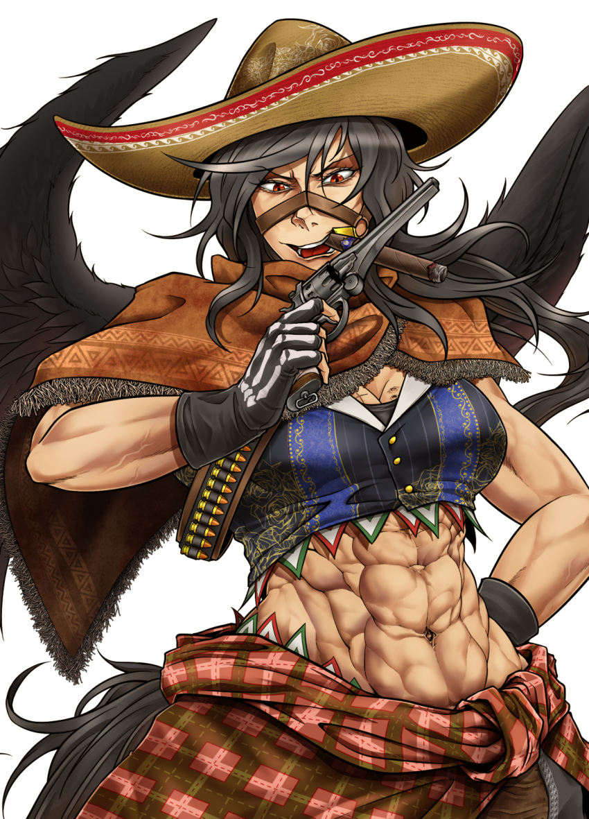 1girl abs alternate_costume bare_arms black_hair black_wings breasts bridle brown_skirt buttons cigar cleavage commentary_request crop_top cropped_shirt fingerless_gloves gloves gun hand_on_own_hip hand_up handgun hat highres holding holding_gun holding_weapon kurokoma_saki large_breasts long_hair midriff mouth_hold muscular muscular_female navel open_mouth overskirt poncho print_gloves revolver ryuuichi_(f_dragon) shirt simple_background skeleton_print skirt smoke smoking solo sombrero stomach tail touhou translated v-shaped_eyebrows veins veiny_arms weapon white_background wings