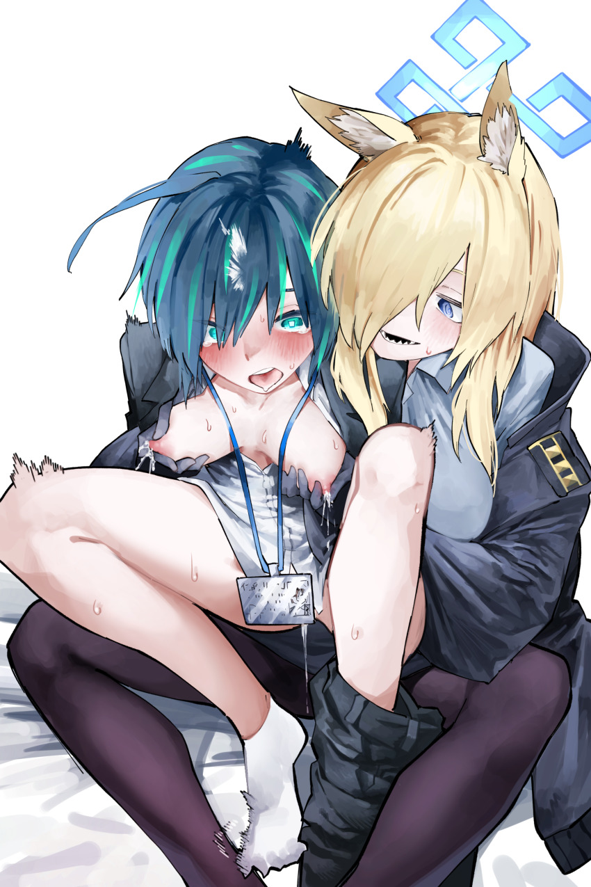 2girls animal_ears black_jacket blonde_hair blue_archive dog_ears female_sensei_(blue_archive) grabbing_another&#039;s_breast groping handjob jacket kanna_(blue_archive) lactation multiple_girls nipples pantyhose sensei_(blue_archive) shirt short_hair socks tongue tongue_out vivo_(vivo_sun_0222) white_shirt white_socks yuri