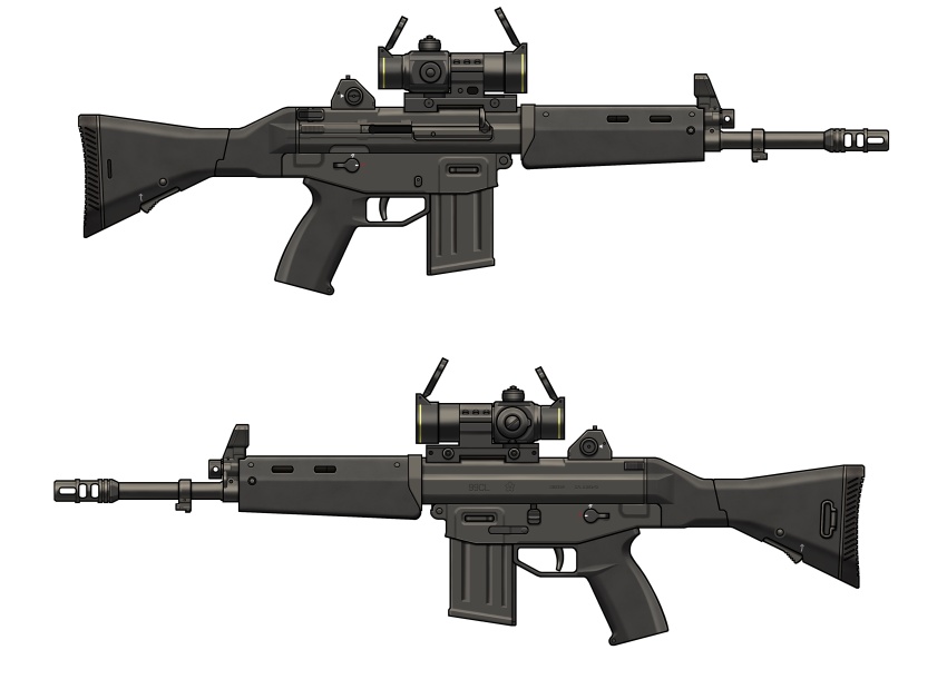 absurdres assault_rifle commentary_request from_side gun highres howa_type_89 multiple_views no_humans original rifle scope simple_background spartan56_(116_spartan56) still_life weapon weapon_focus white_background