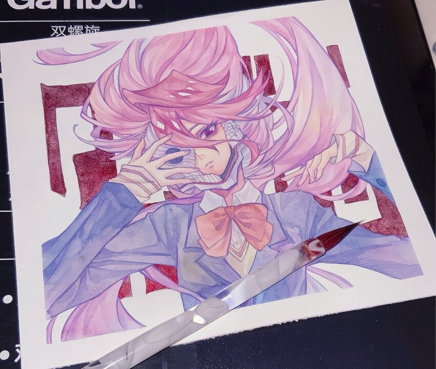 1girl acrobatic_silky_(dandadan) art_tools_in_frame aynm010330 border closed_mouth dandadan fingernails hand_up hashtag-only_commentary highres lips long_hair pale_skin photo_(medium) pink_hair red_background red_eyes school_uniform shiratori_aira_(dandadan) sleeves_past_wrists solo thick_eyelashes upper_body white_border