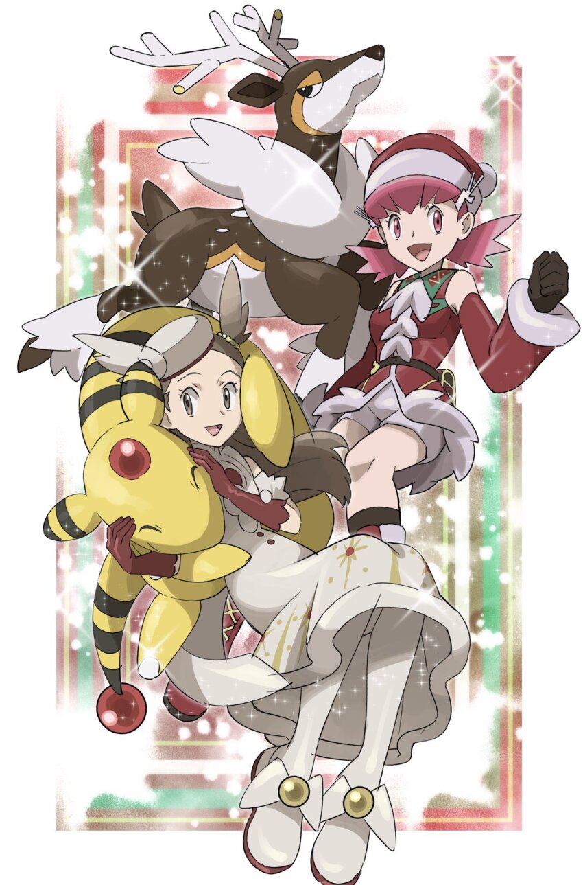 2girls ampharos antlers brown_eyes closed_eyes dress edamame_(buruburu) gen_2_pokemon gen_5_pokemon gloves hat highres horns jasmine_(holiday_2022)_(pokemon) jasmine_(pokemon) light_brown_hair looking_at_another multiple_girls nintendo official_alternate_costume open_mouth pink_eyes pink_hair pokemon pokemon_(creature) pokemon_masters_ex red_gloves santa_hat sawsbuck sawsbuck_(winter) shorts sleeveless sleeveless_dress smile white_dress white_fur white_headwear white_shorts whitney_(holiday_2022)_(pokemon) whitney_(pokemon)
