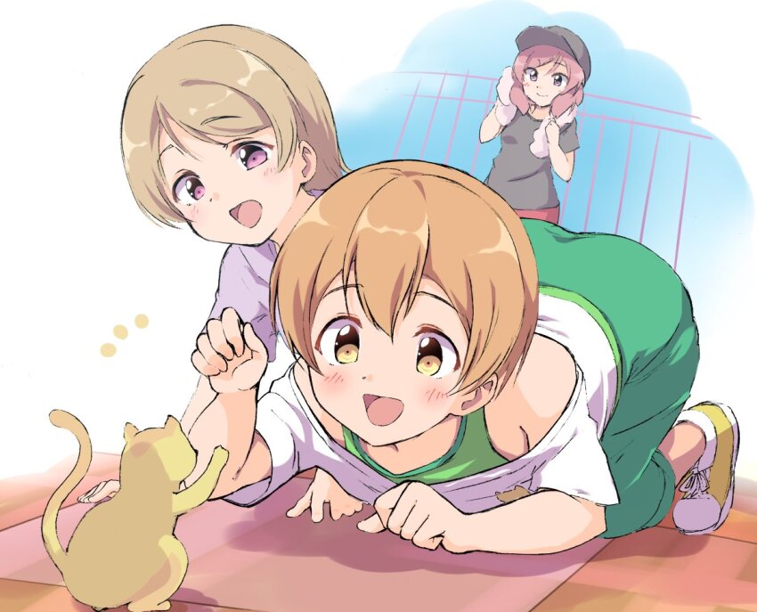 3girls all_fours animal black_hat black_shirt blush brown_hair cat closed_mouth day full_body green_pants hat hoshizora_rin koizumi_hanayo looking_at_animal love_live! love_live!_school_idol_project multiple_girls nishikino_maki on_roof open_mouth orange_hair outdoors pants purple_eyes red_hair rooftop sen_(sen0910) shirt shoes short_hair short_sleeves smile white_shirt yellow_eyes