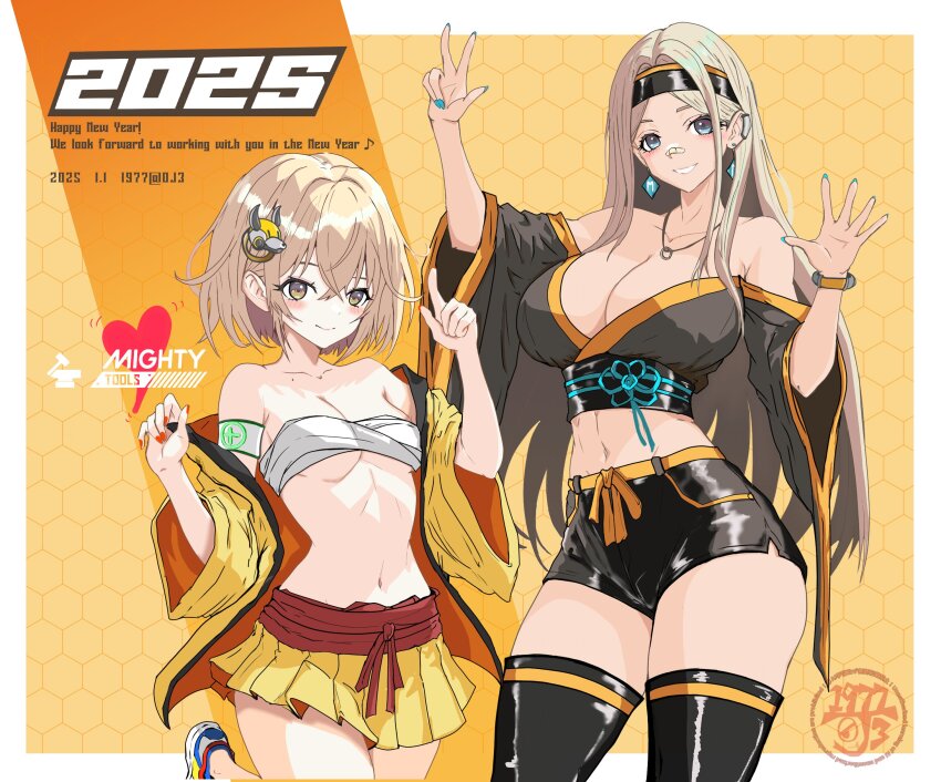 1977_oj3 2girls absurdres bandaid bandaid_on_face bandaid_on_nose black_hairband blonde_hair breasts centi_(nikke) cleavage goddess_of_victory:_nikke hairband happy_new_year highres japanese_clothes kimono large_breasts liter_(nikke) long_hair midriff miniskirt multiple_girls nail_polish navel new_year sarashi skirt small_breasts thick_thighs thighhighs thighs