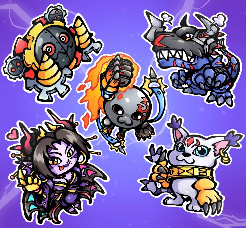 absurdres demon demon_girl digimon digimon_(creature) fallen_angel greymon_(blue) greymon_(blue)_x-antibody hagurumon hagurumon_x-antibody highres lilithmon lilithmon_x-antibody mamemon mamemon_x-antibody mark_of_evil tailmon tailmon_x-antibody wings