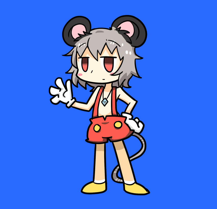 1girl animal_ears blue_background blush_stickers closed_mouth cookie_(touhou) cosplay disney empty_eyes expressionless full_body gloves grey_hair hand_on_own_hip highres jewelry kofji_(cookie) looking_at_viewer mickey_mouse mickey_mouse_&amp;_friends mickey_mouse_(cosplay) mouse_ears mouse_girl mouse_tail nazrin necklace pendant red_eyes red_shorts shoes short_hair shorts simple_background solo standing suspenders tail touhou tsunakan_(nicoseiga34879088) white_gloves yellow_shoes