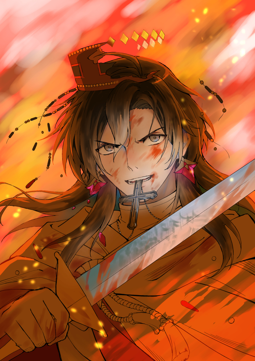 1boy banner black_hair blood blood_on_clothes blood_on_face bloody_weapon broken_crown cape constantine_xi_(fate) cross cross_necklace diamond_(shape) earrings fate/grand_order fate_(series) fire grey_eyes highres holding holding_sword holding_weapon jewelry latin_cross miyuyoko necklace orthodox_cross reflection soldier solo_focus sword tassel weapon