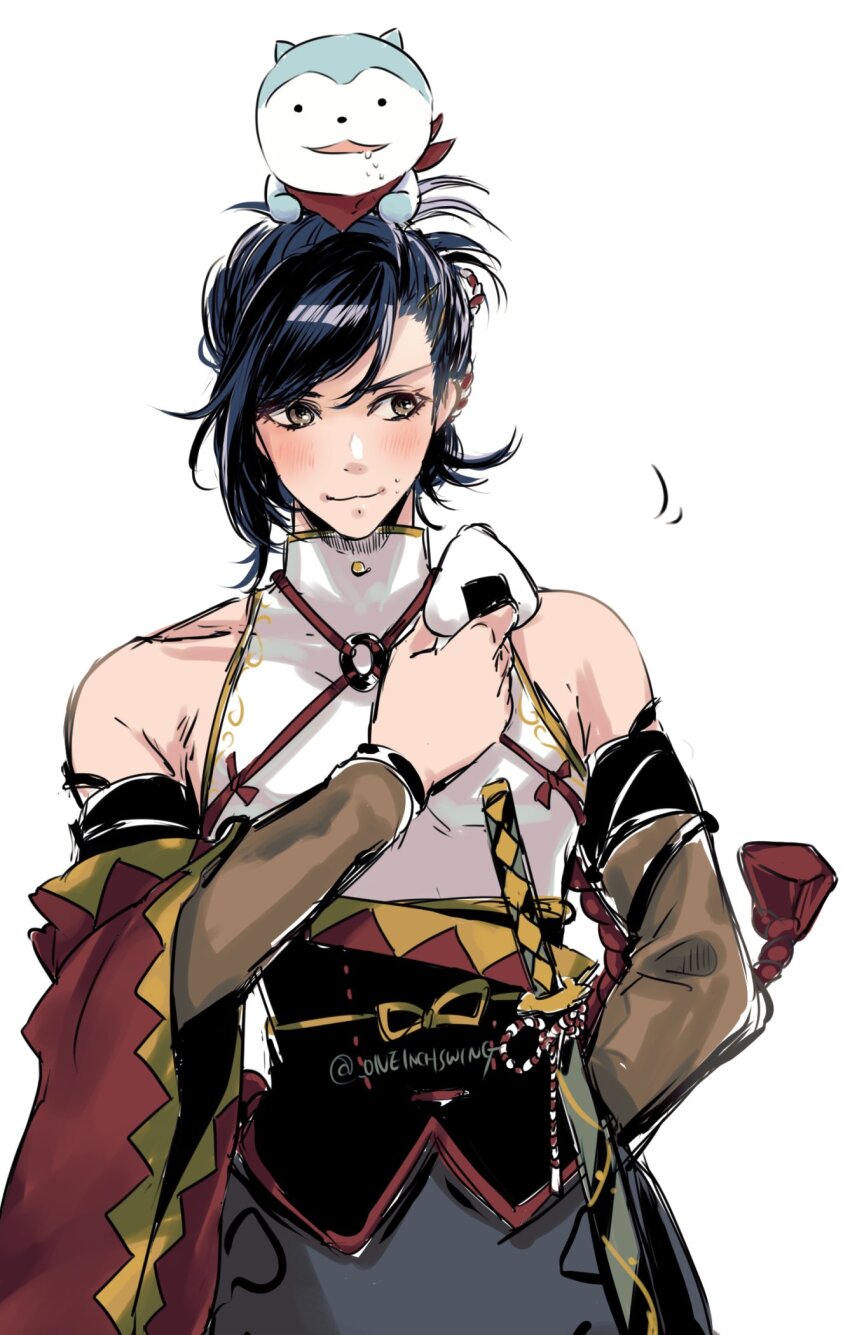 2boys bare_shoulders blue_hair dark_blue_hair fire_emblem fire_emblem_engage food highres holding holding_food japanese_clothes kagetsu_(fire_emblem) long_hair looking_at_viewer male_focus multiple_boys nintendo onigiri smile sommie_(fire_emblem) umi_(_oneinchswing)