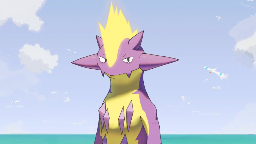 absurdres bird blue_sky cloud colored_skin day dece_lpie gen_3_pokemon gen_8_pokemon highres looking_at_viewer multicolored_skin nintendo no_humans pokemon pokemon_(creature) purple_skin sky solo_focus toxtricity toxtricity_(amped) two-tone_skin upper_body water wingull yellow_skin