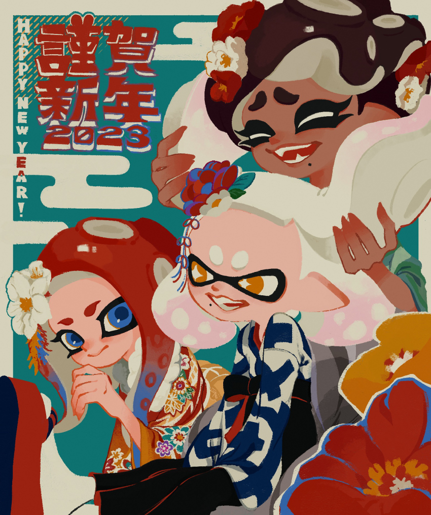 2023 3girls agent_8_(splatoon) alternate_costume alternate_hairstyle black_hakama blue_eyes blue_hair blue_kimono bright_pupils brown_hair closed_eyes closed_mouth commentary_request dark-skinned_female dark_skin egasumi floral_print floral_print_kimono flower furrowed_brow gradient_hair hair_flower hair_ornament hakama hakama_skirt happy_new_year highres holding_another&#039;s_hair inkling japanese_clothes ka1_(k4k37) kimono long_hair long_sleeves looking_at_another marina_(splatoon) medium_hair mole mole_under_mouth multicolored_hair multiple_girls new_year nintendo octoling octoling_girl octoling_player_character okobo open_mouth orange_eyes orange_kimono parted_bangs pearl_(splatoon) pink_hair platform_sandals pointy_ears print_kimono red_flower red_footwear red_hair sandals short_eyebrows short_hair skirt smile socks splatoon_(series) star-shaped_pupils star_(symbol) suction_cups symbol-shaped_pupils tentacle_hair thick_eyebrows two-tone_hair two-tone_kimono white_flower white_hair white_kimono white_pupils white_socks wide_sleeves