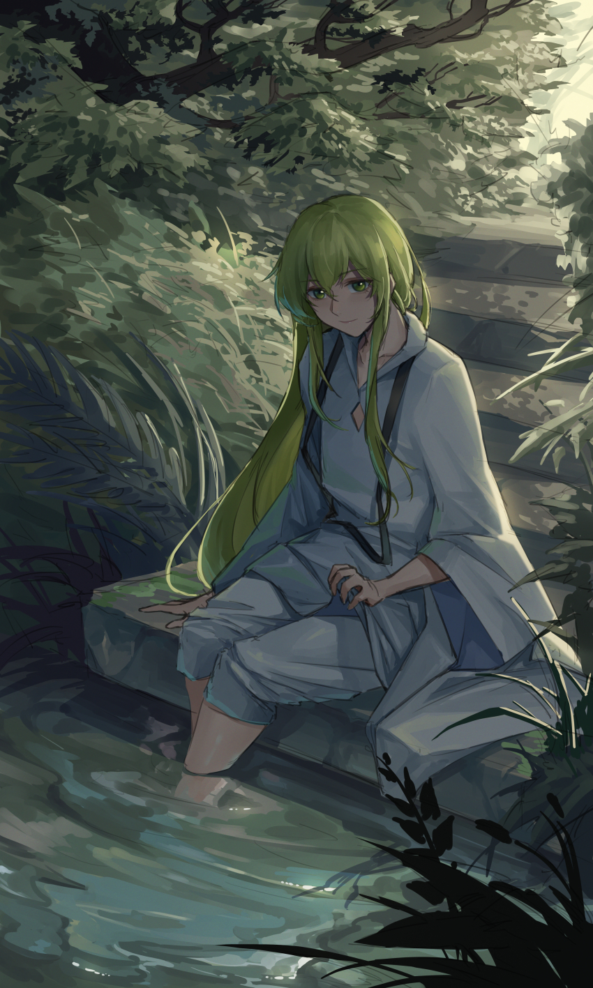 1other absurdres androgynous character_request check_character collarbone cy9 enkidu_(fate) fate/grand_order fate/strange_fake fate_(series) green_eyes green_hair hair_between_eyes highres long_hair outdoors robe sidelocks sitting smile solo very_long_hair white_robe