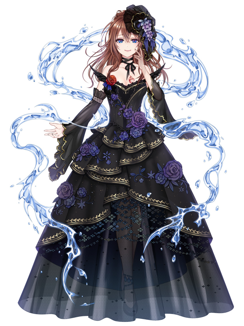 1girl amelia_wisteria arm_warmers bare_shoulders black_dress black_hat black_nails blue_eyes brown_hair chest_tattoo dairoku_ryouhei dress fishnet_fabric floral_print flower full_body hair_between_eyes hand_up hat highres jewelry long_hair looking_at_viewer ring solo standing tattoo transparent_background water yamaneko514