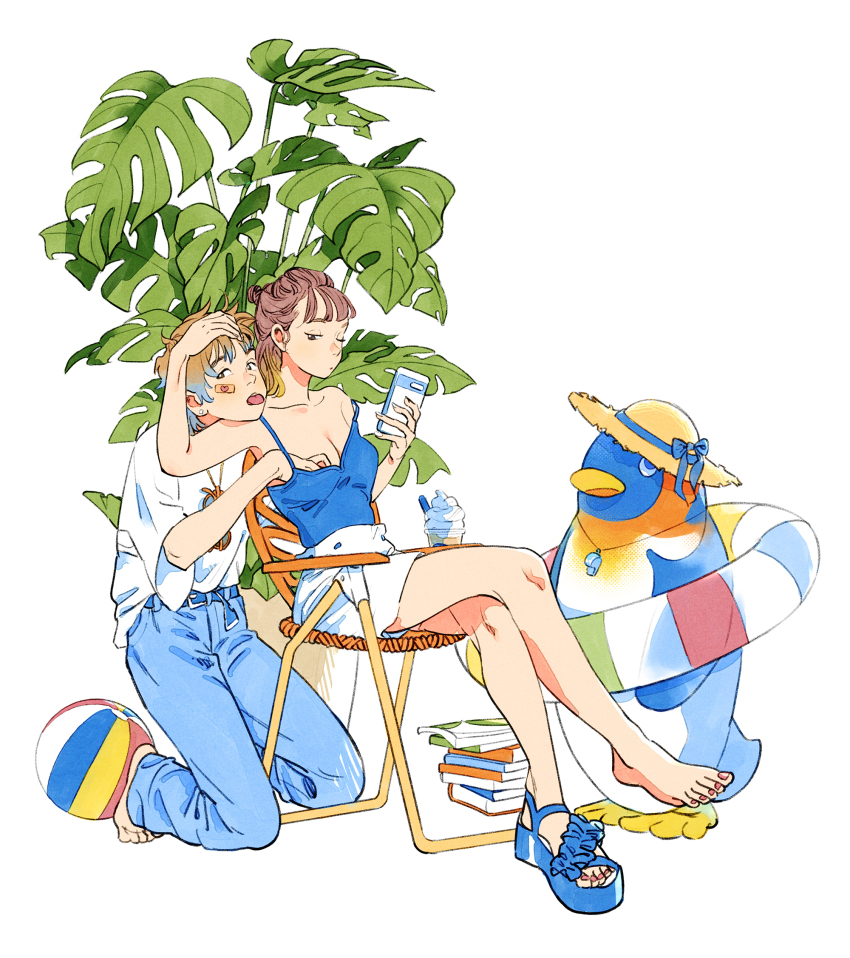 1boy 1girl arm_around_neck ball bandaid bandaid_on_cheek bandaid_on_face barefoot beachball belt bird blouse blue_belt blue_pants blue_ribbon blue_sandals blue_shirt book book_stack bow breasts brown_hair chair feet gomafuki grabbing_another&#039;s_breast groping hair_bun hand_on_another&#039;s_head hat hat_bow highres holding holding_phone innertube kneeling looking_at_viewer looking_down medium_breasts medium_hair on_chair one_eye_closed original pants penguin phone plant platform_sandals potted_plant red_nails ribbon sandals shirt short_hair simple_background single_bare_foot sitting skirt smoothie straw_hat sun_hat swim_ring tank_top toenails toes tongue tongue_out wedge_heels whistle whistle_around_neck white_background white_shirt wide_sleeves