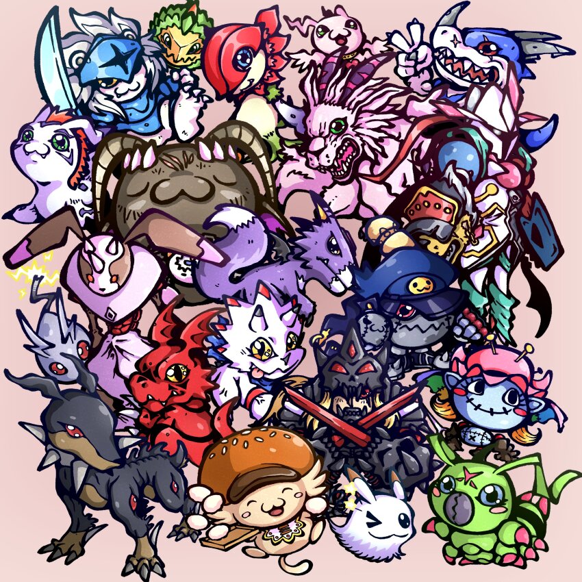 absurdres andiramon banchomamemon belphemon belphemon_sleep_mode burgamon chaosmon choromon digimon dobermon dorumon dressmon duskmon floramon fluffymon gammamon gomamon highres holydramon marinangemon pafumon sanjuro_art spadamon v-dramon wormmon
