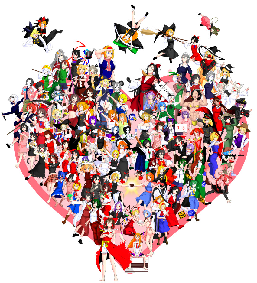 6+girls absurdres animal_ears apron beret bikini bird black_footwear black_gloves black_hair black_wings blonde_hair blue_bow blue_dress blue_hair bow braid breasts broom brown_eyes brown_footwear brown_hair chainsaw character_request chicken colored_skin cookie_(touhou) crossed_arms diyusi_(cookie) dress frog_hair_ornament glasses gloves green_dress green_hair green_tea_(cookie) grey_hair gun hair_bow hair_ornament hat hat_bow heart heterochromia highres holding holding_broom holding_gun holding_weapon japanese_clothes kfpm7234 kunai large_breasts maid_headdress mouse_ears mouse_tail multiple_girls orange_hair pink_dress pink_skirt pointy_ears purple_bow purple_hair rabbit_ears red-framed_eyewear red_bow red_dress red_eyes rice_hat road_sign ryuuga_(cookie) scythe shishou_(cookie) sign siyudi_(cookie) skirt swimsuit tail the_chicken_that_appears_in_the_middle_of_cookie tissue_box weapon white_hair white_skin wings wolf_ears yellow_bikini