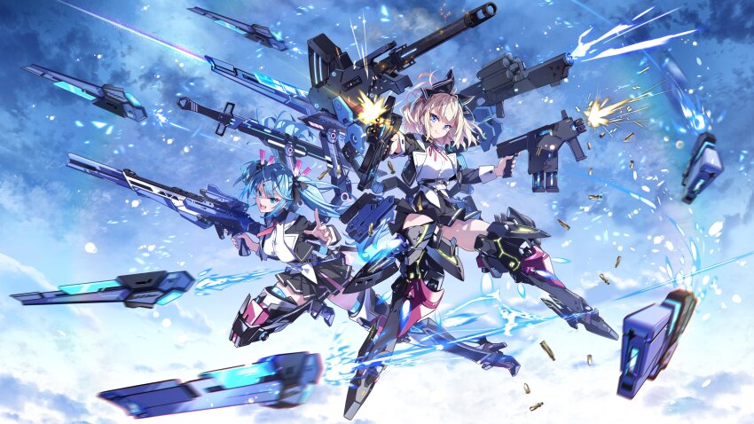 absurdres armored_boots autocannon black_choker black_jacket black_ribbon blue_eyes blue_hair boots breasts cannon choker copyright_name drone dual_wielding firing full_body gun hair_ornament hair_ribbon hayakawa_harui highres hikari_(starward) holding holding_gun holding_weapon jacket kaze_(starward) long_hair long_sleeves looking_at_viewer medium_breasts multiple_girls necktie official_art official_wallpaper open_clothes open_jacket open_mouth pleated_skirt ribbon rifle school_uniform shell_casing shirt skirt smile starward submachine_gun teeth thighhighs thighs twintails upper_teeth_only weapon white_shirt