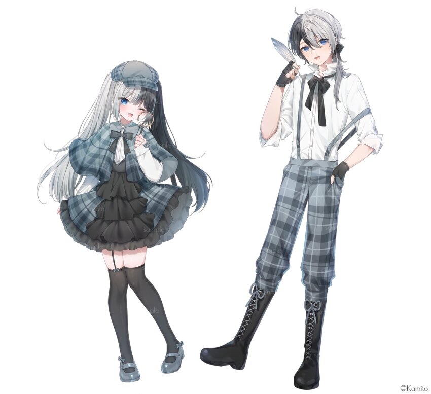 1boy 1girl ;d black_boots black_bow black_gloves black_hair black_thighhighs blue_eyes blush boots bow cabbie_hat capelet collared_shirt commentary_request dress_shirt fingerless_gloves garter_straps gloves grey_capelet grey_hair grey_hat grey_pants grey_shoes grey_skirt hair_between_eyes hand_in_pocket hat holding holding_magnifying_glass indie_virtual_youtuber kamito_(vtuber) lace-up_boots long_hair looking_at_viewer mafuyu_(chibi21) magnifying_glass multicolored_hair official_art one_eye_closed open_mouth over-kneehighs pants plaid_capelet plaid_clothes plaid_hat plaid_pants plaid_skirt quill shirt shoes short_sleeves simple_background skirt smile standing standing_on_one_leg suspenders suspenders_slip thighhighs twintails two-tone_hair very_long_hair virtual_youtuber white_background white_shirt