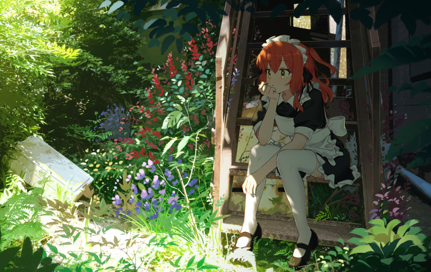 1girl absurdres apron black_dress black_shoes bocchi_the_rock! closed_mouth commentary dappled_sunlight day dress flower frilled_dress frills full_body grass green_eyes hair_between_eyes hand_on_own_chin head_rest highres jl_tan kita_ikuyo long_hair maid maid_apron maid_headdress mary_janes nature one_side_up outdoors plant puffy_short_sleeves puffy_sleeves purple_flower red_flower red_hair romaji_commentary scenery shoes short_sleeves sitting sitting_on_stairs solo stairs sunlight thighhighs white_apron white_thighhighs
