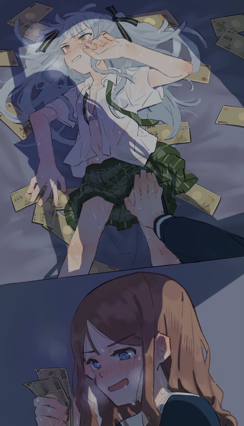 2girls @_@ bang_dream! bang_dream!_it&#039;s_mygo!!!!! banknote blue_bra blue_eyes blue_hair bra brown_hair collared_shirt crying dollar_bill green_ribbon green_skirt hair_ribbon hand_blush hand_on_another&#039;s_thigh haneoka_school_uniform highres holding holding_money long_hair money multiple_girls nagasaki_soyo navel open_clothes open_shirt pleated_skirt prostitution ribbon school_uniform shirt short_sleeves skirt sweat togawa_sakiko tsukinomori_school_uniform two_side_up underwear white_shirt yang_miemie_benti yellow_eyes yuri