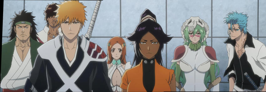3girls 4boys black_hair bleach bleach:_sennen_kessen-hen blue_hair breasts cleavage green_hair grimmjow_jaegerjaquez highres inoue_orihime kurosaki_ichigo large_breasts long_hair multiple_boys multiple_girls nelliel_tu_odelschwanck orange_hair ponytail sado_yasutora shiba_ganju shihouin_yoruichi stitched sword third-party_edit weapon