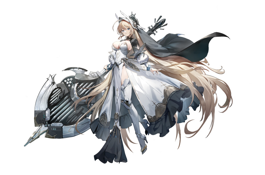 1girl absurdres ahoge axe battle_axe black_cape black_panties blonde_hair blue_eyes blue_nails blue_sleeve_cuffs boots breasts cape cleavage cross cross_earrings cross_tattoo dress earrings haze/reverb high_heel_boots high_heels highres holding holding_axe instrument jewelry long_hair mecha_musume mechanical_legs mira_(haze/reverb) official_art panties pelvic_curtain puffy_sleeves simple_background strapless strapless_dress tachi-e tattoo underwear very_long_hair weapon weaponized_instrument white_background xiaohuanjie