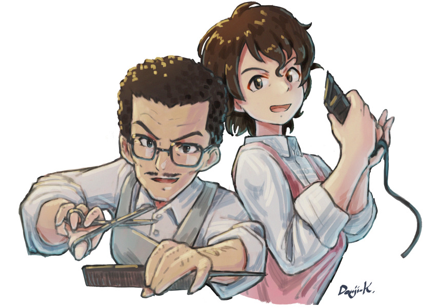 1girl akiyama_jungorou akiyama_yoshiko apron artist_name barber black-framed_eyewear blouse brown_eyes brown_hair collared_shirt comb commentary cropped_torso facial_hair girls_und_panzer glasses grey_apron hair_clipper highres holding holding_comb holding_scissors husband_and_wife kuroneko_douji looking_at_viewer mustache open_mouth pink_apron rectangular_eyewear scissors shirt short_hair side-by-side signature simple_background sketch sleeves_rolled_up smile very_short_hair wavy_hair white_background white_shirt