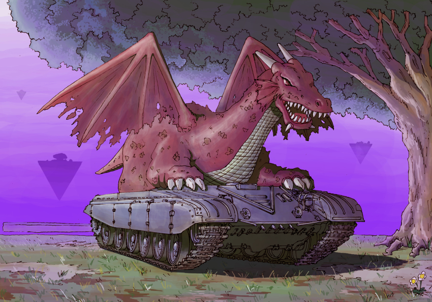 dragon earasensha fantasy floating_island flower grass military military_vehicle motor_vehicle no_humans original t-72 tank tree vehicle_focus