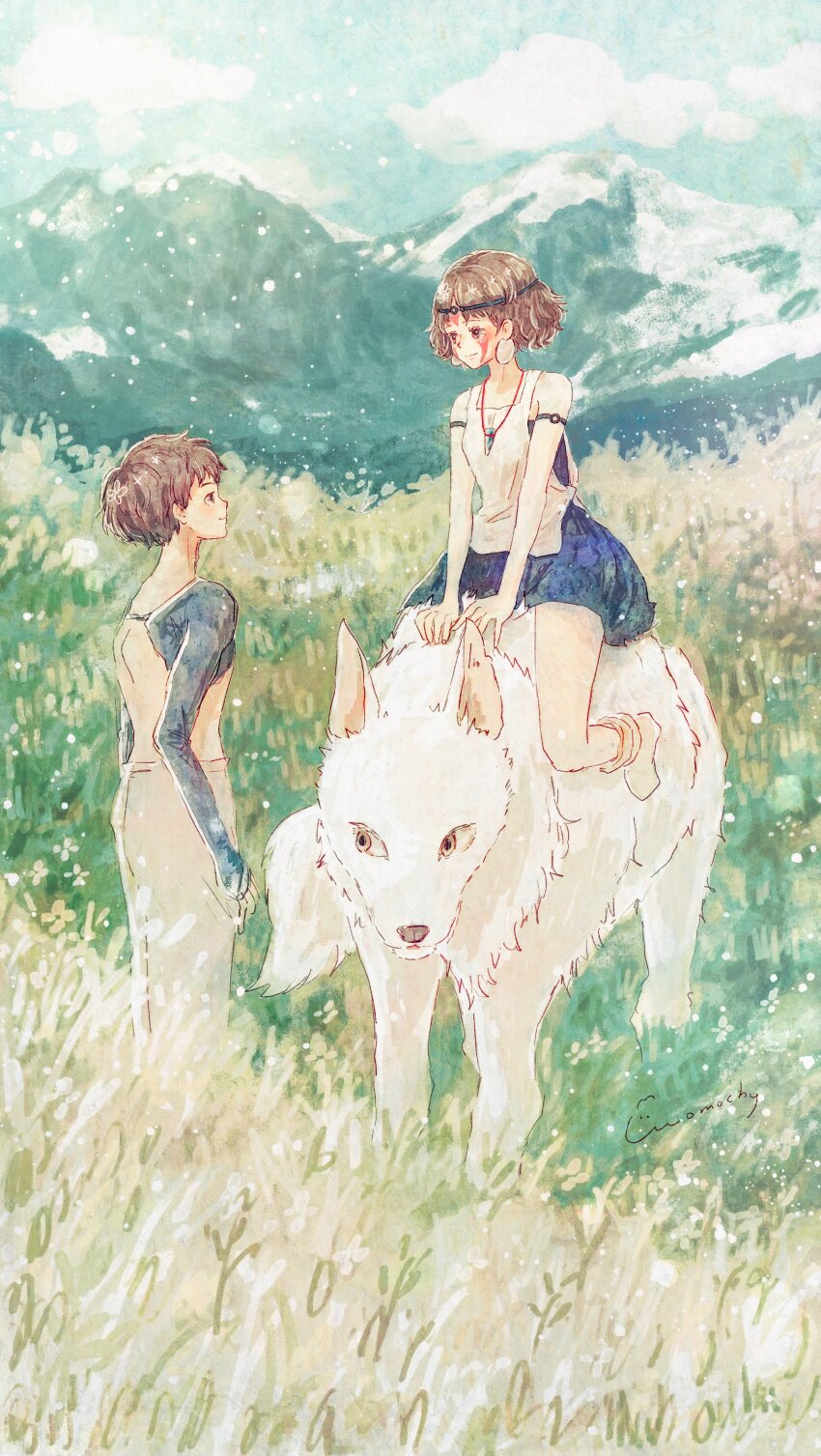 1boy 1girl absurdres animal armlet ashitaka blue_dress boots brown_hair circlet commentary_request dress eye_contact facepaint highres jewelry looking_at_another momochy mononoke_hime moro_no_ichizoku mountain on_animal pendant profile san_(mononoke_hime) shirt short_hair signature sleeveless smile white_shirt wolf