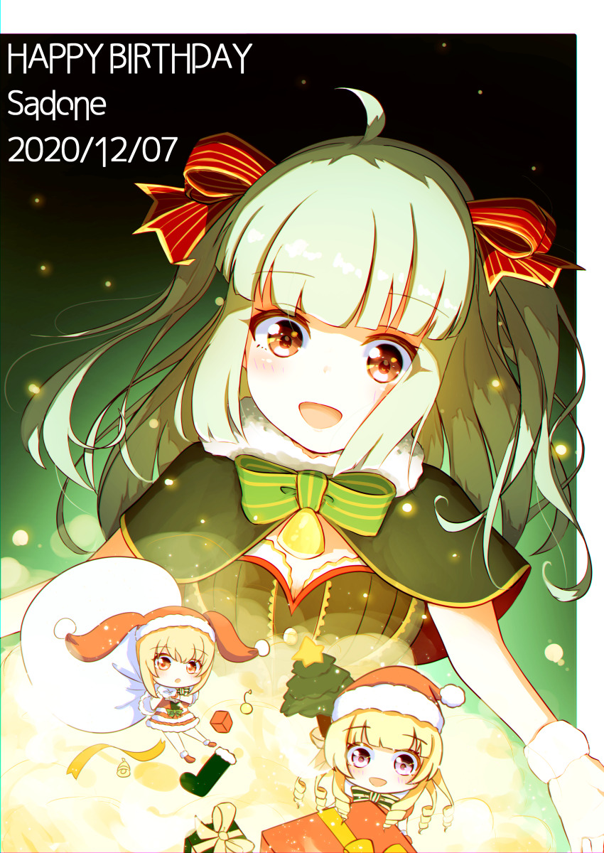 3girls absurdres ahoge battle_girl_high_school biscuit_(oishiibiscuit) blonde_hair brown_eyes capelet character_name christmas christmas_stocking dated eyelashes gift green_hair green_ribbon happy_birthday hat highres long_hair multiple_girls open_mouth purple_eyes red_ribbon ribbon sack sadone santa_hat sendouin_kaede striped_ribbon watagi_michelle