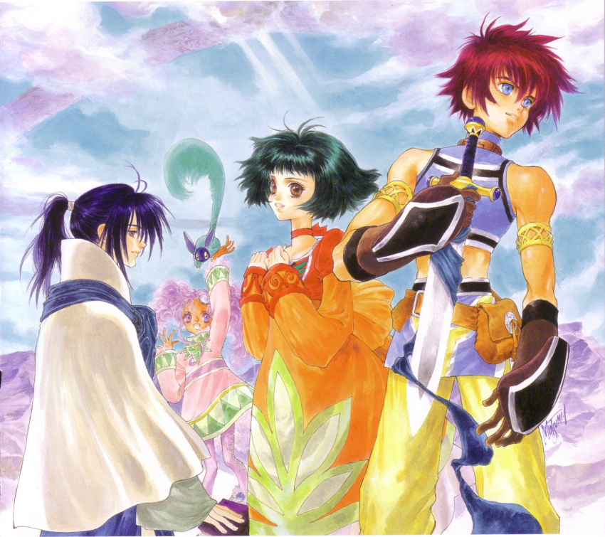 2boys 2girls arm_up armor blue_eyes blue_hair book bridge choker cloud creature day dress farah_oersted gloves green_hair highres inomata_mutsumi keele_zeibel long_sleeves meredy_(tales) mountain multiple_boys multiple_girls official_art orange_dress pantyhose pink_hair ponytail profile quickie_(tales) red_choker red_eyes reid_hershel ribbon_choker robe short_hair signature sky smile sword tail tales_of_(series) tales_of_eternia twintails weapon