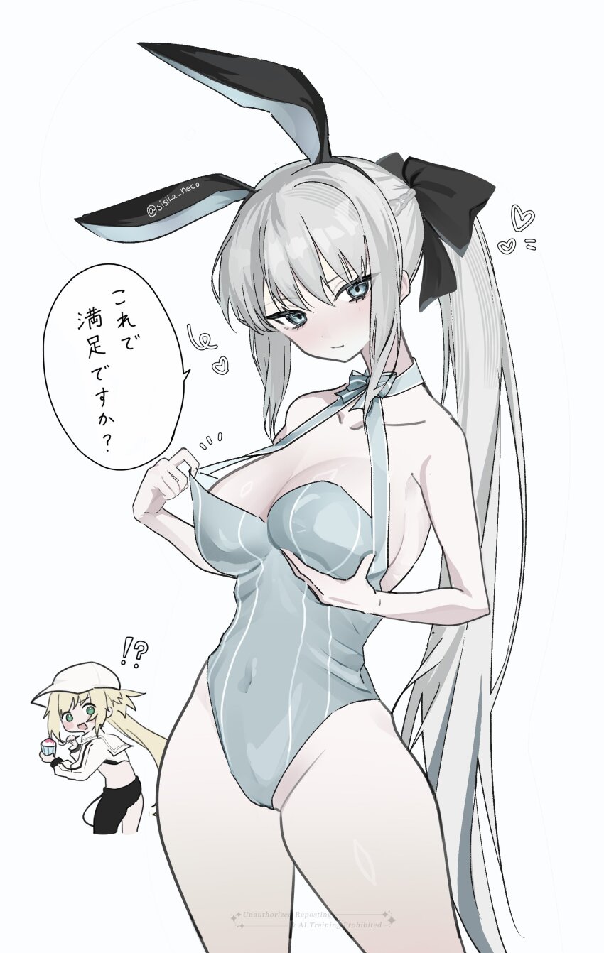 2girls absurdres animal_ears artoria_caster_(fate) artoria_caster_(swimsuit_berserker)_(fate) artoria_caster_(swimsuit_berserker)_(first_ascension)_(fate) artoria_pendragon_(fate) black_bow blonde_hair blue_eyes blush bow fate/grand_order fate_(series) green_eyes hair_between_eyes hair_bow highres long_hair looking_at_viewer morgan_le_fay_(fate) multiple_girls rabbit_ears simple_background sisila_neco very_long_hair white_background white_hair