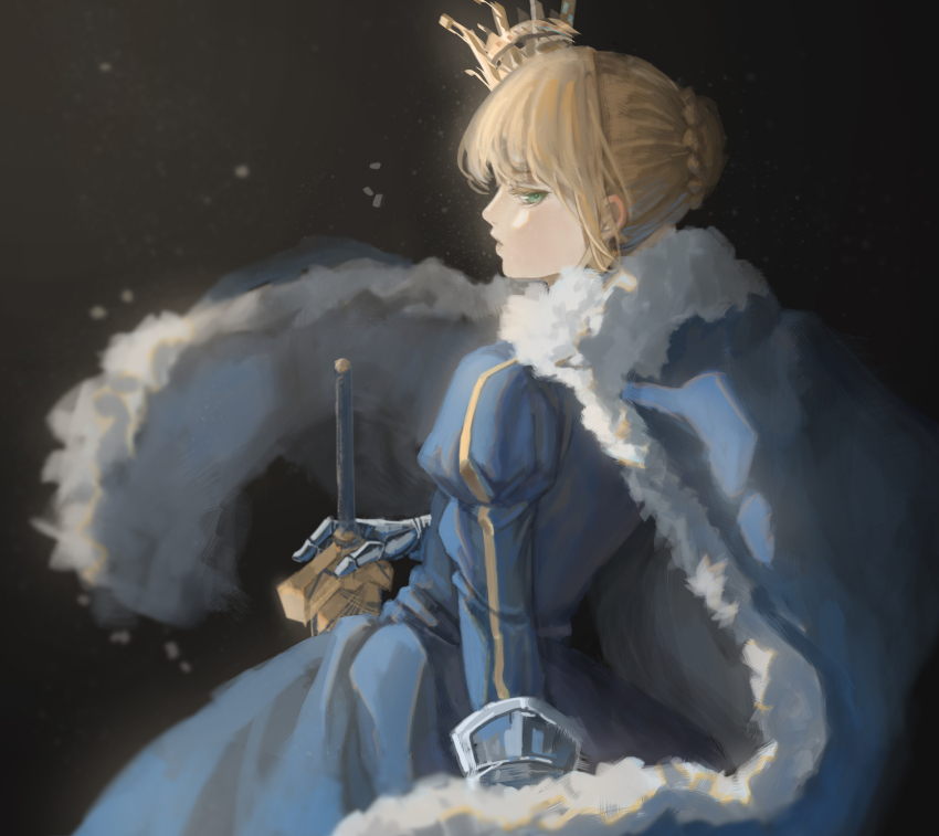 1girl absurdres artoria_pendragon_(fate) blonde_hair blue_dress braid braided_bun crown dress fate/grand_order fate_(series) green_eyes hair_bun highres holding holding_sword holding_weapon kyunotobi looking_at_viewer royal_robe short_hair solo sword weapon