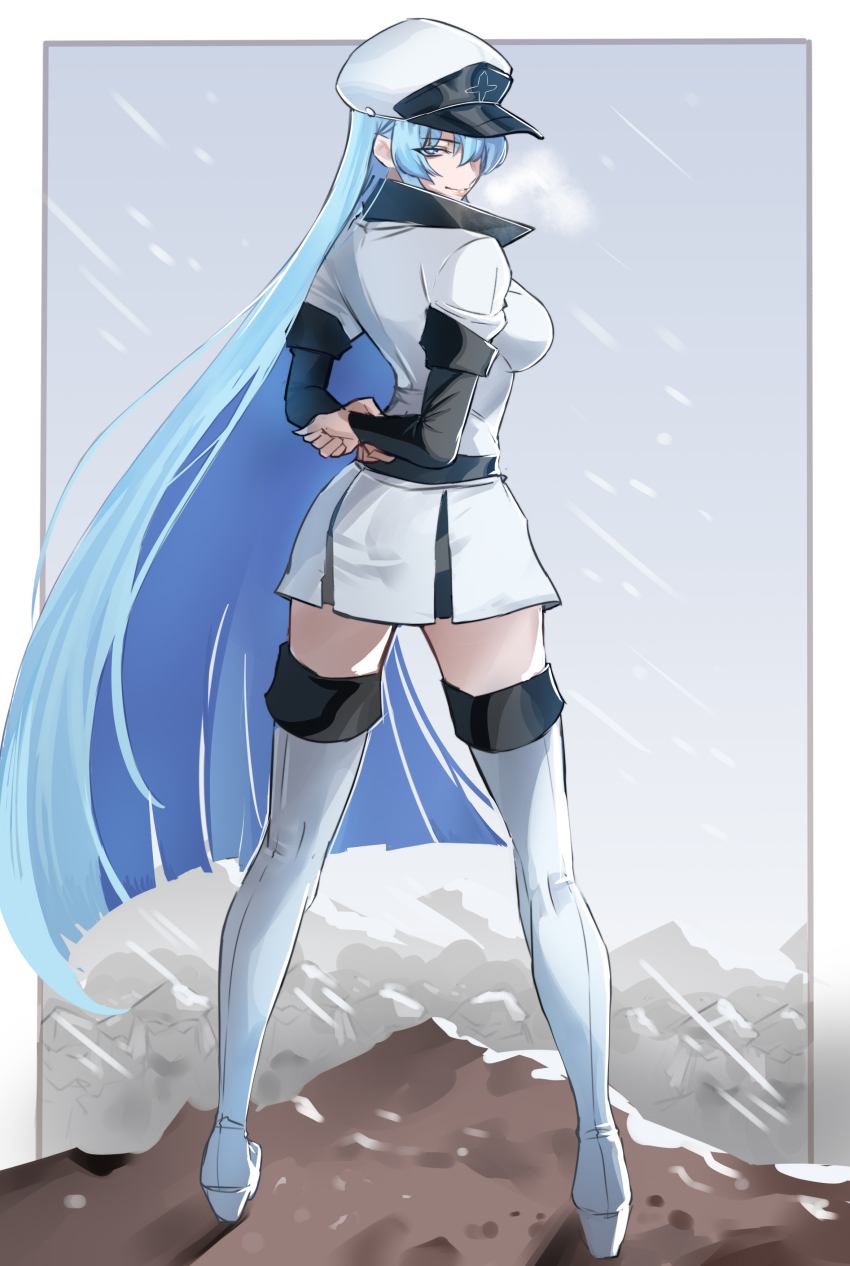 1girl absurdres akame_ga_kill! arms_behind_back black_sleeves blue_eyes blue_hair boots border detached_sleeves esdeath floating_hair hair_over_one_eye half-closed_eyes hat highres hug hug_from_behind jacket jeff49062 long_hair looking_at_viewer military_hat military_uniform miniskirt outdoors outside_border peaked_cap short_sleeves skirt snowing solo standing straight_hair thigh_boots thighhighs very_long_hair white_boots white_border white_hat white_jacket white_skirt zettai_ryouiki