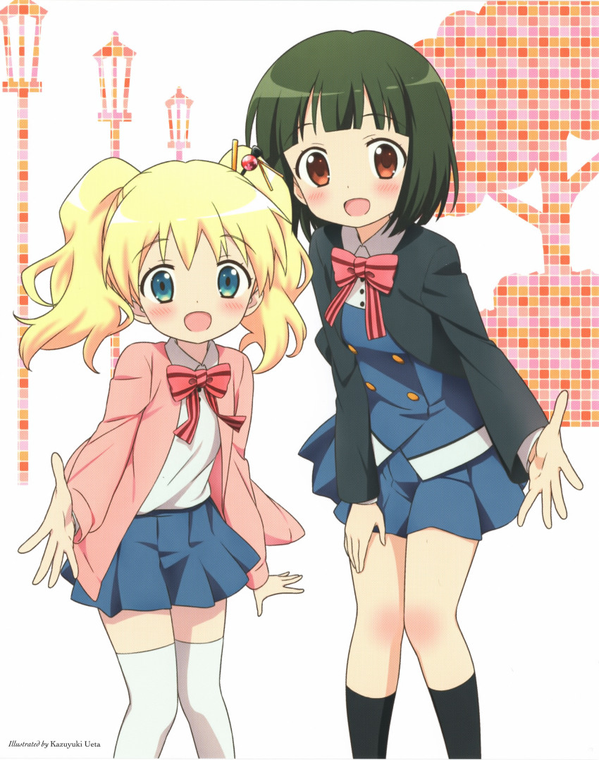 2girls :d absurdres alice_cartelet artist_name black_jacket black_socks blonde_hair blue_eyes blue_skirt brown_eyes cardigan collared_shirt feet_out_of_frame green_hair hair_ornament hand_on_own_thigh highres jacket kin-iro_mosaic long_sleeves looking_at_viewer miniskirt moegi_high_school_uniform multiple_girls non-web_source official_art oomiya_shinobu open_cardigan open_clothes open_jacket open_mouth pink_cardigan pleated_skirt reaching reaching_towards_viewer scan school_uniform shirt short_hair skirt smile socks standing thighhighs twintails ueta_kazuyuki white_shirt white_thighhighs winter_uniform