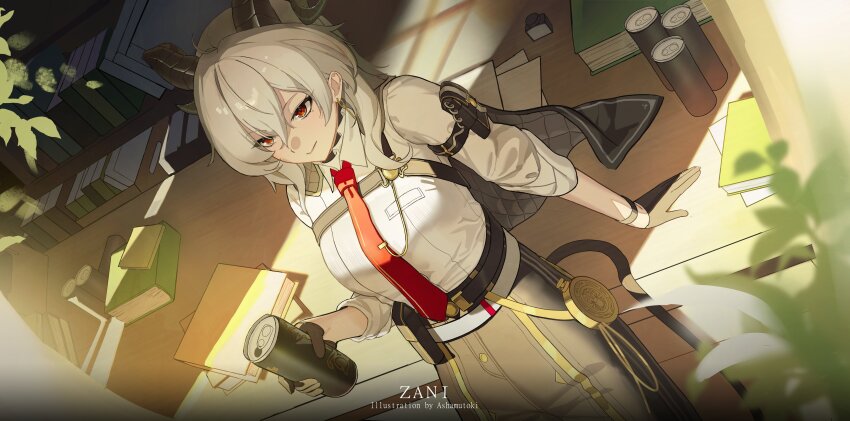 1girl absurdres arm_pouch ashamutoki black_gloves black_horns black_pants black_pouch can chest_harness closed_mouth collared_shirt commentary curled_horns drink_can gloves grey_hair harness high-waist_pants highres holding holding_can horns long_hair looking_ahead necktie pants red_eyes red_necktie shirt shirt_tucked_in sitting smile solo white_shirt wuthering_waves zani_(wuthering_waves)