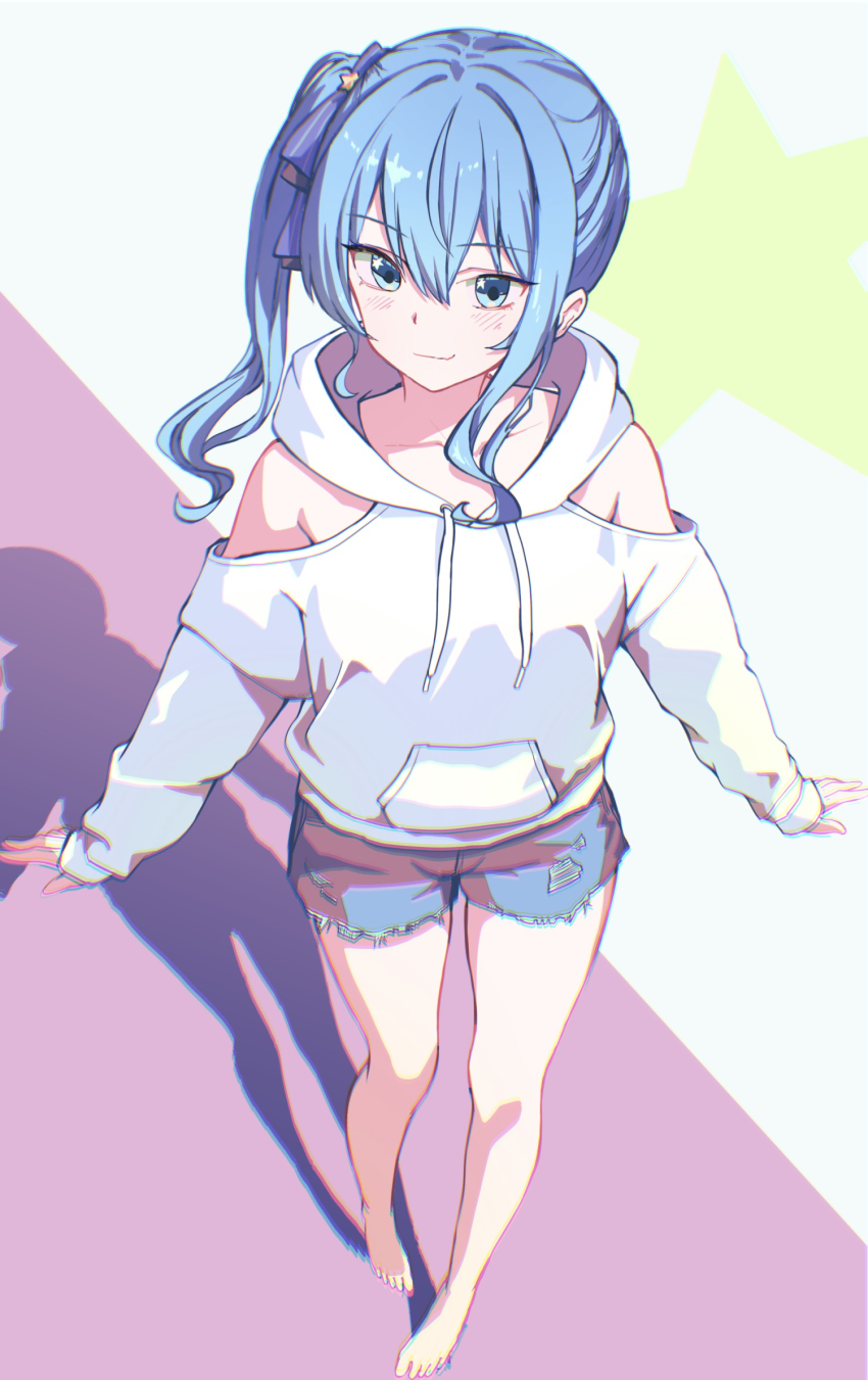 1girl blue_eyes blue_hair blush closed_mouth clothing_cutout commentary_request denim denim_shorts drawstring full_body hair_ribbon highres hololive hood hoodie hoshimachi_suisei kurony_(sirony) ribbon short_shorts shorts shoulder_cutout side_ponytail smile solo standing star_(symbol) star_in_eye symbol_in_eye thighs virtual_youtuber white_hoodie