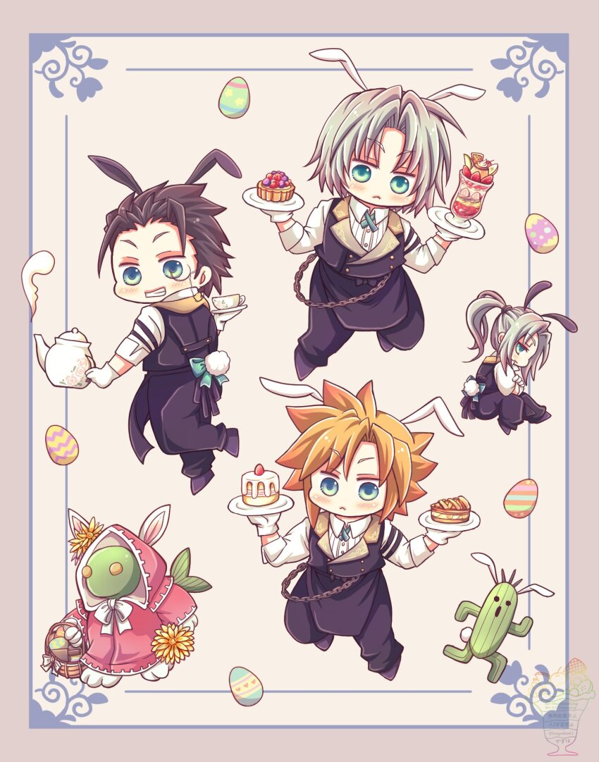 animal_ears apron aqua_eyes basket black_hair black_pants black_shoes black_vest blonde_hair cactus cake chibi chibi_only cloud_strife collared_shirt colored_skin cosplay cross_tie cup easter_egg egg final_fantasy final_fantasy_vii final_fantasy_vii_ever_crisis food full_body gloves green_skin grey_hair grin hair_between_eyes highres holding holding_basket holding_plate holding_teapot hooded_robe kazuha61 kemonomimi_mode monocle official_alternate_costume pants parfait parted_bangs pie pink_robe plate ponytail rabbit_boy rabbit_ears rabbit_tail robe sabotender sephiroth sephiroth_(ever_crisis) shirt shoes short_hair smile spiked_hair tail teacup teapot teeth tonberry vest waist_apron waistcoat white_gloves white_shirt yellow_eyes zack_fair zack_fair_(bunny_butler) zack_fair_(cosplay)