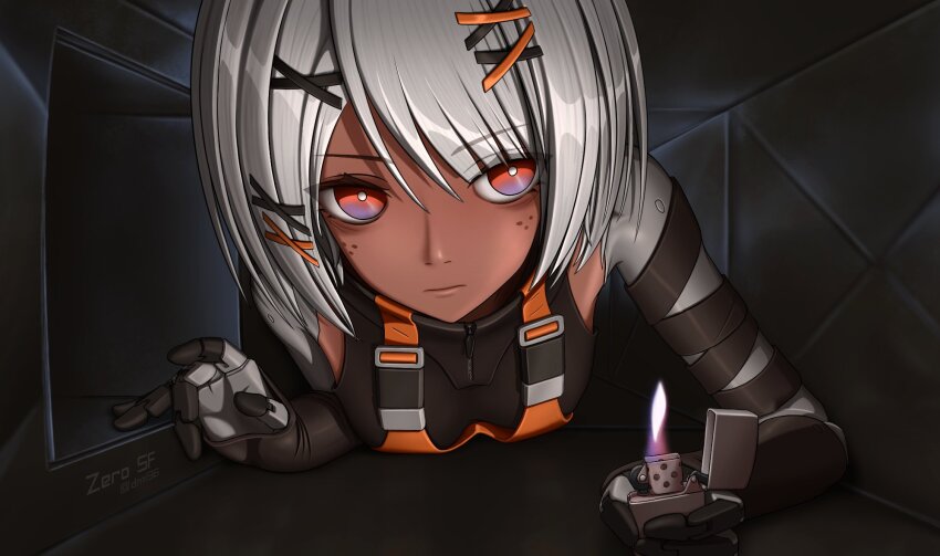 1girl bandaged_arm bandages black_background black_bodysuit bodysuit dark-skinned_female dark_skin freckles gradient_eyes grey_hair hair_ornament highres mechanical_arms multicolored_eyes orange_eyes punishing:_gray_raven purple_eyes reference_request short_hair sidelocks solo sophia_(pgr) suspenders x_hair_ornament zero_sf