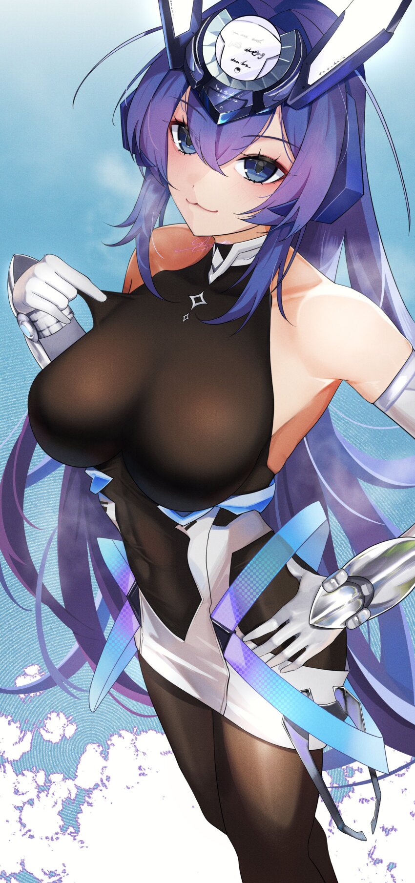 1girl absurdres azur_lane bare_shoulders blue_eyes blue_hair bodystocking breasts clothes_tug commentary_request feet_out_of_frame hair_between_eyes highres kerla large_breasts long_hair looking_at_viewer new_jersey_(azur_lane) smile solo very_long_hair